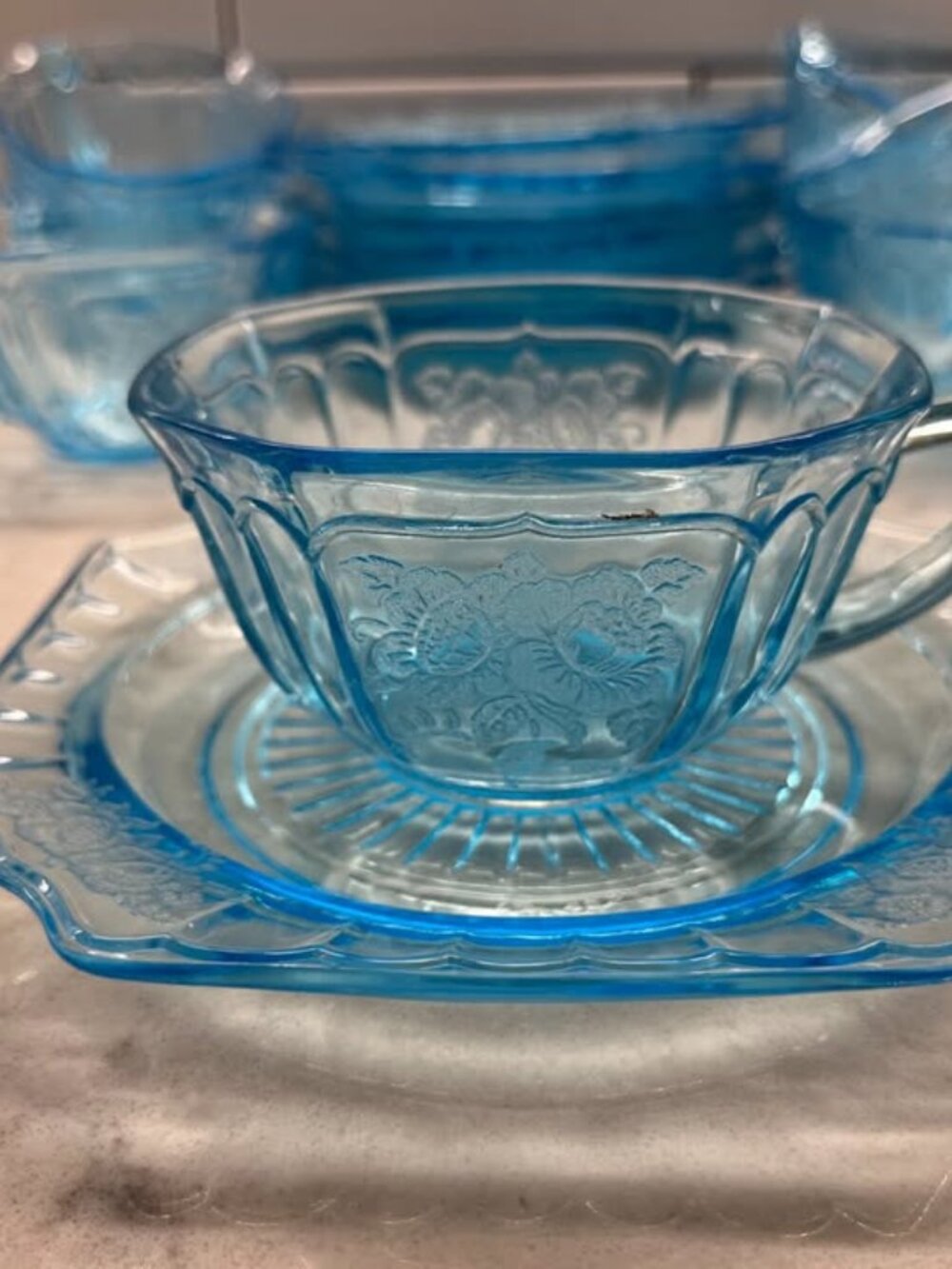 (8) Anchor Hocking 1930's Mayfair “Open Rose” Ice Blue CUPS/SAUCERS